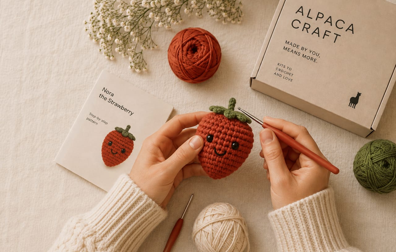Handen die een aardbei haken, naast een Alpaca Craft-kitdoos, wol en patroonboekje.